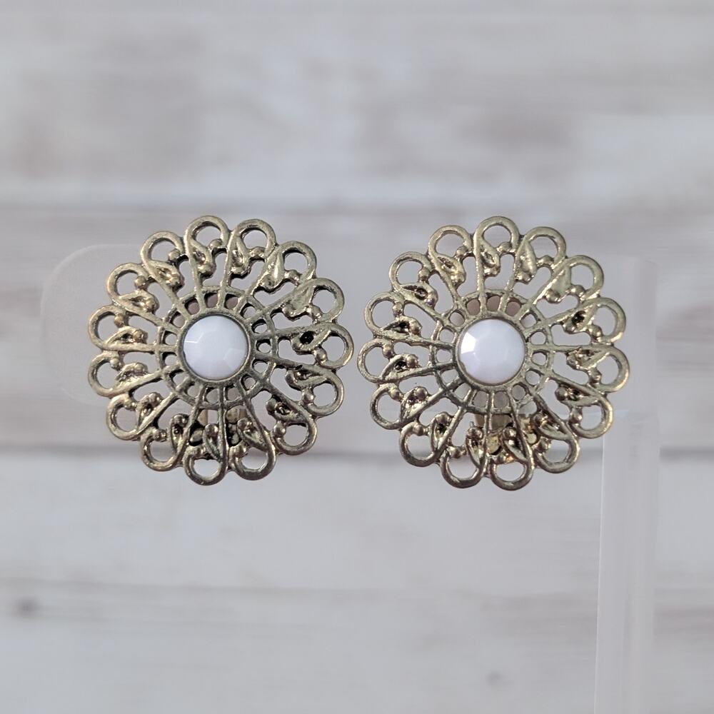 Vintage Clip On Earrings Large Gold Tone with White Gem Statement
